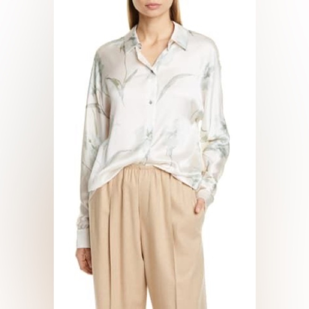 NWT Vince Iris Floral Silk Ivory Cream Button Down Career Blouse